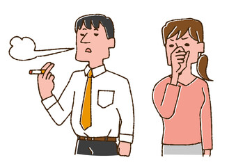 タバコの匂いを嫌がる女性　コミカルな手書きの人物　ベクター、温かみのある線画