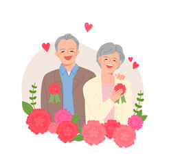Senior parents wearing carnation brooches and smiling happily. Carnations are decorated under the character. Parents day logo. flat design style vector illustration.