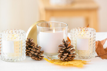 Burning candles in holders with autumn decor on table in room