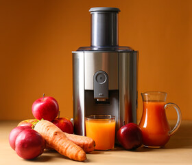 New modern juicer and glass of fresh juice on table