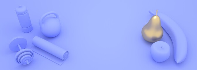 Gym training and home exercising and fitness equipment. Dumbbells, bob, yoga mat and bottle. Tools for healthy lifestyle and fruits collection. Apple, banana and pear. 3D render