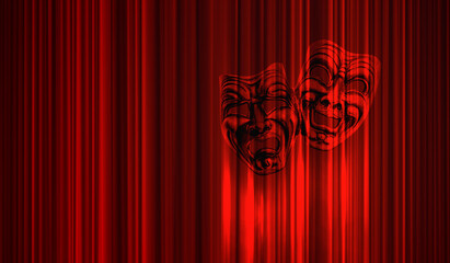 Comedy and Tragedy theatrical venetian mask with red theater curtain