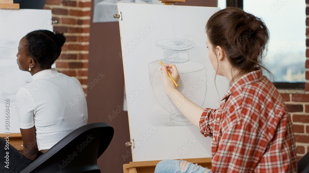 Poster future artist drawing inspiration model to create sketch in art class program, learning new skills f