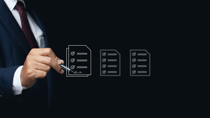 Businessman using pen signing digital document management.