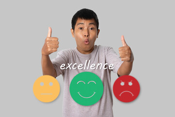 Young man showing approving doing positive gesture with happy Smiley face icon to give satisfaction in service.
