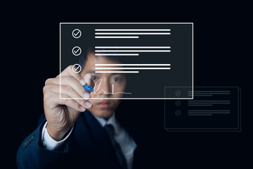 Businessman using pen signing digital document management.