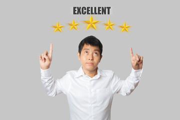 Businessman choosing screen on five star icon to give satisfaction in service rating very impressed.