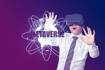 Businessman wearing VR glasses accessing global network connection metaverse.