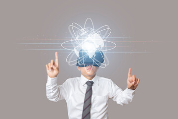 Businessman wearing VR glasses accessing global network connection metaverse.