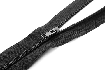 Stylish black zipper on white background