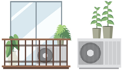 Balcony garden flat  with air conditioner on white background