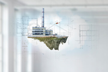 Industrial landscape with chimneys . Mixed media