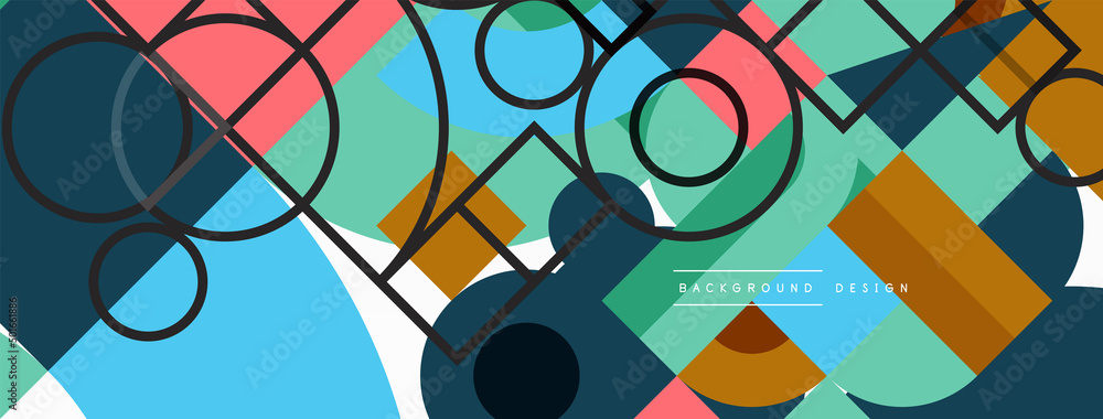 Poster circle and square geometric background. round shapes with squares and triangles composition for wall