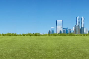 Fototapeta na wymiar Skyscrapers and modern buildings with green meadow fields