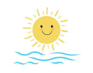 Cute sun smiling and sea waves. island and sea beach. holiday or tropical Concept. Vector illustration