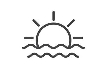 Sunrise or sunset. Sun icon isolated on white background. Sea waves. island and sea beach. Vector illustration