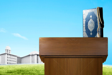 Quran and prayer beads on the pulpit
