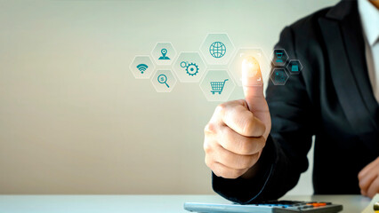 Businessman scanning fingerprints and biometric authentication, financial transaction security concept.