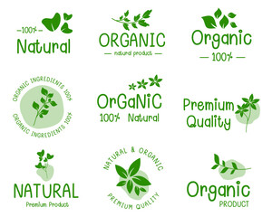 Fototapeta premium Set of logo, stickers and badges for organic food and drink, natural products, healthy life, food store and product promotion.