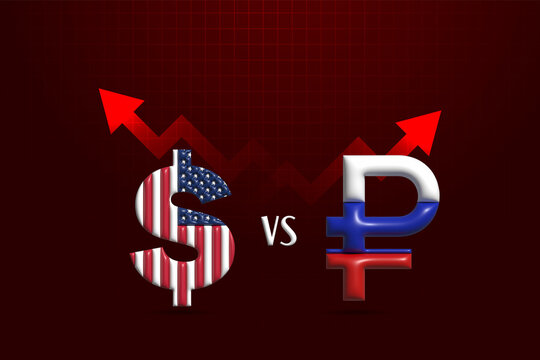 3D Rendering of Russia ruble 3D symbol with flag vs US Dollar symbol on graph arrow background, Concept of political conflict and war impact in the stock market, Economic war, USA VS Russia
