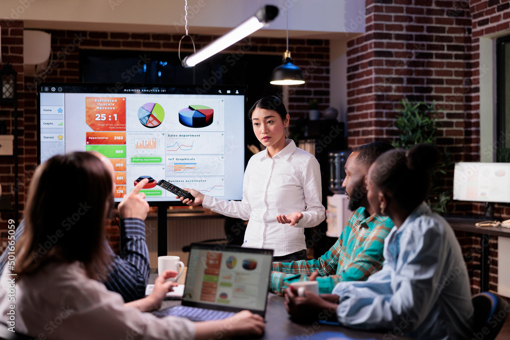 Poster employee standing in front of team of coworkers presenting sales strategy using remote control in la