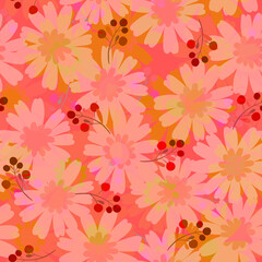 Delicate transparent pink and yellow layered chamomile flowers and red berries on a coral - peach seamless background