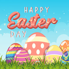 Happy Easter design with many eggs in garden