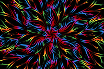 seamless colourful caleidoscope gradient flower and leaf line art pattern of indonesian culture traditional tenun batik ethnic dayak ornament for wallpaper ads background 