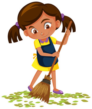 Girl sweep the leaves on the floor
