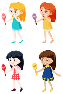 Set of different kids holding hand mirrors