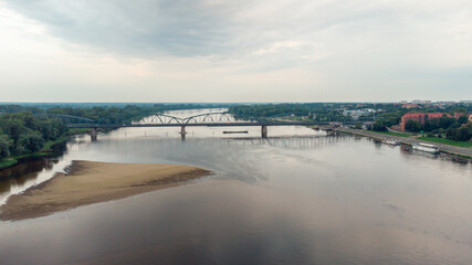 Morning view on vistula river with bridge in Torun, Poland.