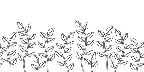 Obraz premium Seamless border. Vector branches and leaves, sprout growing. Hand drawn floral elements