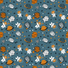 Night seamless pattern with cats astronauts discover universe. Perfect for T-shirt, textile and print. Hand drawn illustration for decor and design.