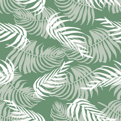 Sage Green with Tropical Palm Leaves Seamless Pattern Background