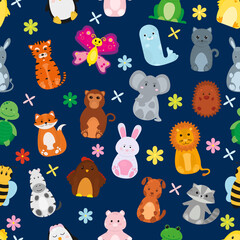 Seamless vector pattern with cute animals on a blue background. Children's pattern.
