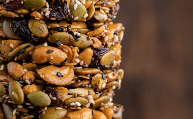 Healthy sweet dessert snack. Cereal granola bar with nuts