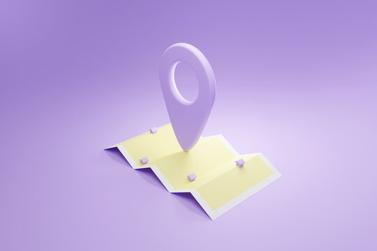 Location map pin 3d rendering illustration of GPS Navigator icon on purple background.