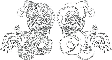 Japanese dragon tattoo isolated on white background.illustration of asia dragon for printing.Dragon Chinese character.Symbol of asia.Vector art design for coloring book and T-shirt.