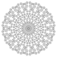 Round pattern of abstract and floral elements for coloring book. Mandala floral monochrome for relaxation. Natural ornamental elements for coloring.