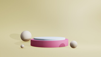 Abstract background pink podium with colorful ball shapes 3d on yellow background ,3d rendered illustration
