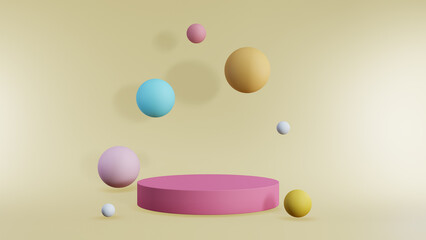 Abstract background pink podium with colorful ball shapes 3d on purple background ,3d rendered illustration