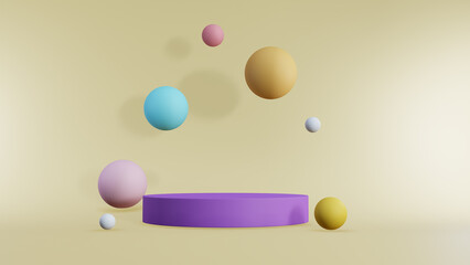 Abstract background purple podium with colorful ball shapes 3d on yellow background ,3d rendered illustration