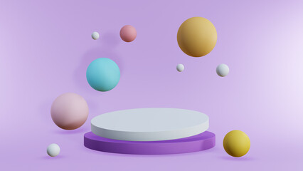Abstract background purple and white podium with ball shapes 3d on purple background ,3d rendered illustration