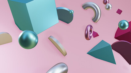 Abstract background floating geometric shapes in shiny colored background shapes 3d with copy space on purple background ,3d rendered illustration