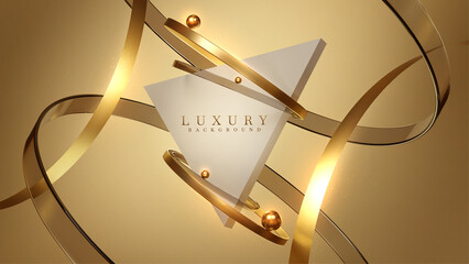 Luxury background with triangle shape frame with gold circle element and ball decoration and glitter light effect.