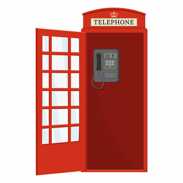Red telephone booth with open door, color vector isolated cartoon-style illustration