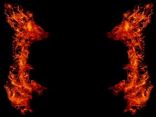 Dangerous hot inferno fire flames photo frame abstract fire squares on black background for design.