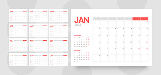 Monthly calendar template for 2023 year. Week Starts on Monday. Desk calendar in a minimalist style. 