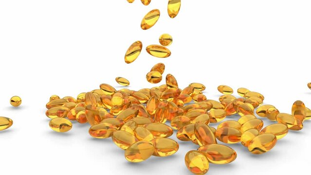 Falling Omega-3 fish oil liquid gel capsules on white background - 3D animation