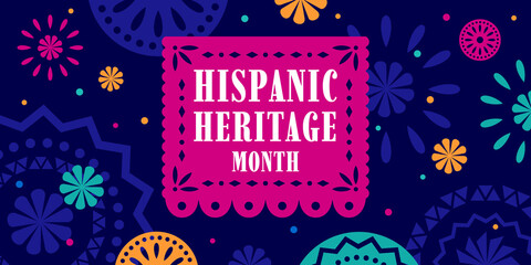 Hispanic heritage month. Vector web banner, poster, card for social media, networks. Greeting with national Hispanic heritage month text, floral pattern, on Papel Picado background.
